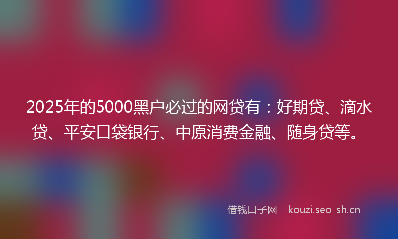 2025年的5000黑户必过的网贷有：好期贷、滴水贷、平安口袋银行、中原消费金融、随身贷等。