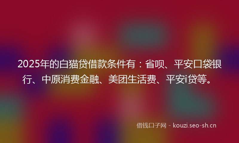 2025年的白猫贷借款条件有：省呗、平安口袋银行、中原消费金融、美团生活费、平安i贷等。