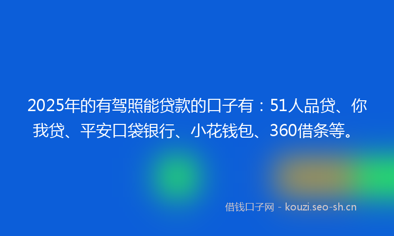 2025年的有驾照能贷款的口子有：51人品贷、你我贷、平安口袋银行、小花钱包、360借条等。