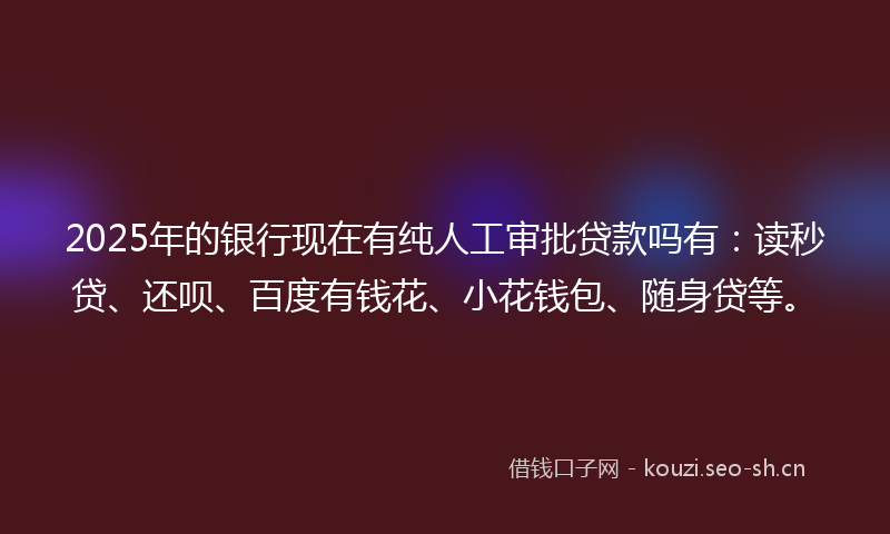 2025年的银行现在有纯人工审批贷款吗有：读秒贷、还呗、百度有钱花、小花钱包、随身贷等。