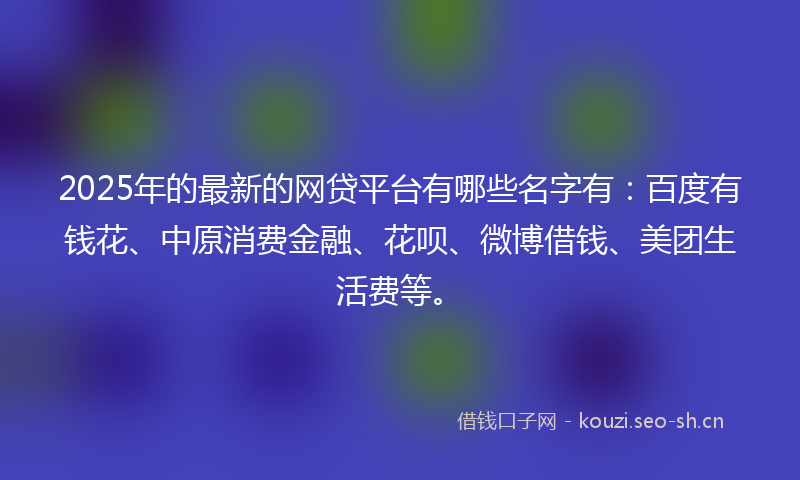 2025年的最新的网贷平台有哪些名字有：百度有钱花、中原消费金融、花呗、微博借钱、美团生活费等。