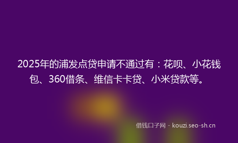 2025年的浦发点贷申请不通过有：花呗、小花钱包、360借条、维信卡卡贷、小米贷款等。