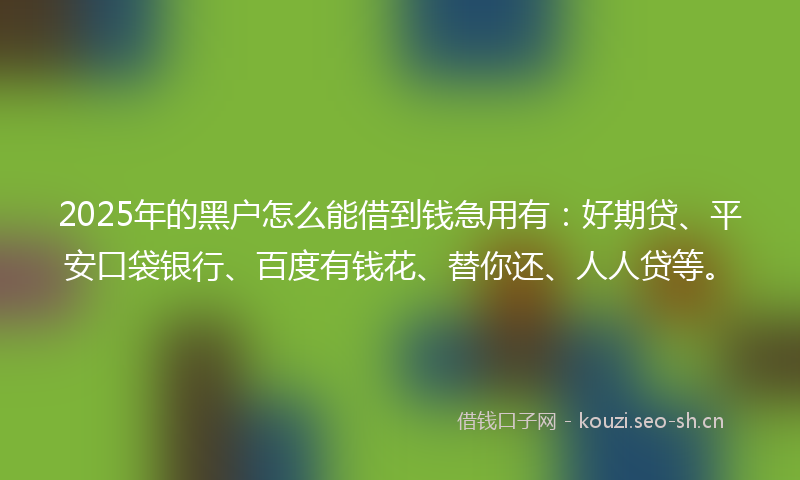 2025年的黑户怎么能借到钱急用有：好期贷、平安口袋银行、百度有钱花、替你还、人人贷等。