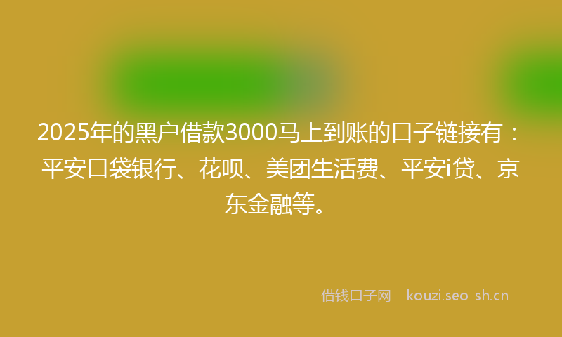 2025年的黑户借款3000马上到账的口子链接有：平安口袋银行、花呗、美团生活费、平安i贷、京东金融等。
