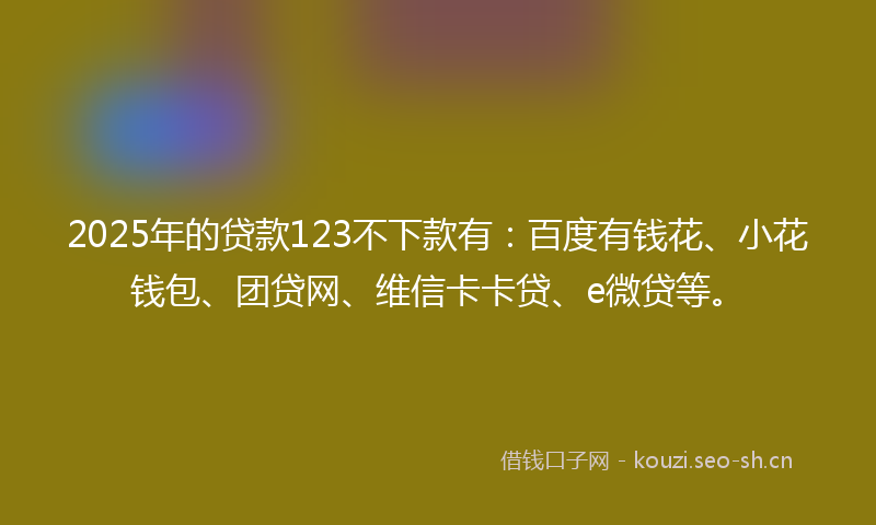 2025年的贷款123不下款有：百度有钱花、小花钱包、团贷网、维信卡卡贷、e微贷等。