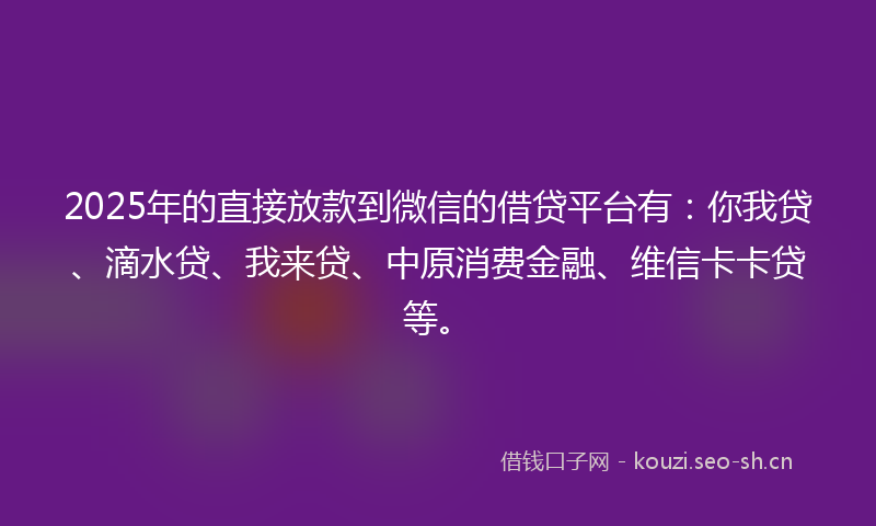 2025年的直接放款到微信的借贷平台有：你我贷、滴水贷、我来贷、中原消费金融、维信卡卡贷等。