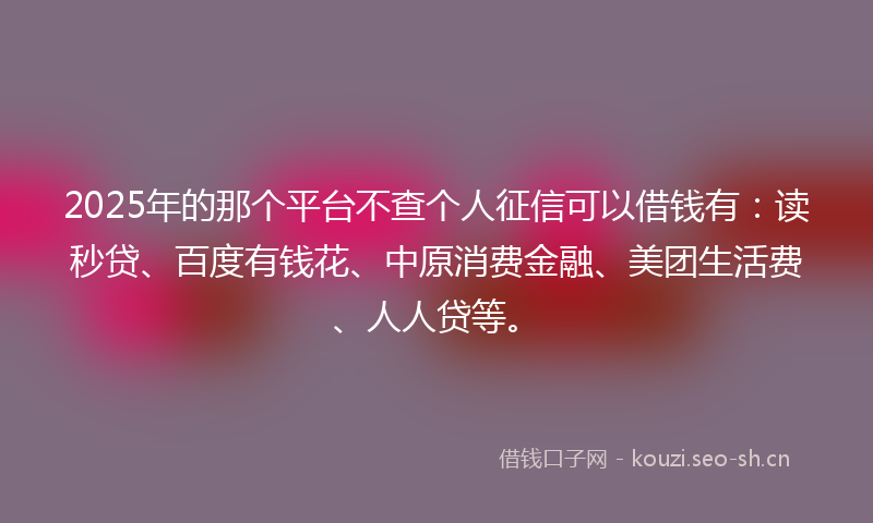 2025年的那个平台不查个人征信可以借钱有：读秒贷、百度有钱花、中原消费金融、美团生活费、人人贷等。