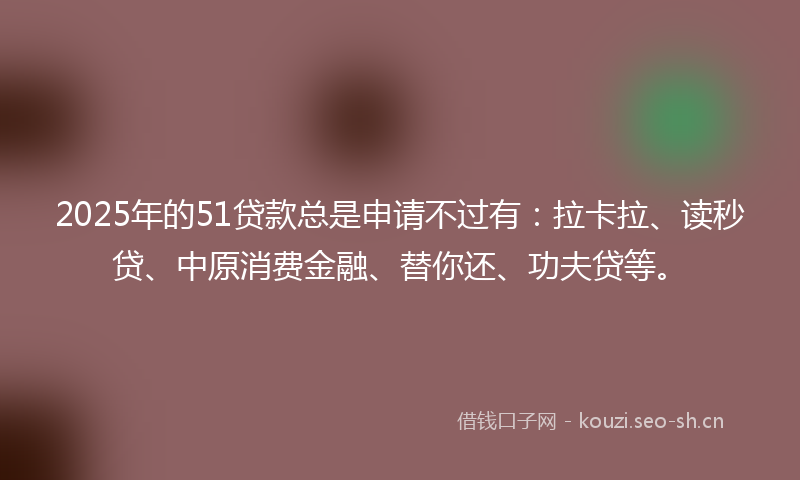 2025年的51贷款总是申请不过有：拉卡拉、读秒贷、中原消费金融、替你还、功夫贷等。