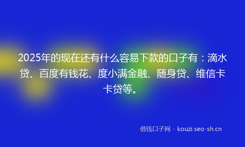 2025年的现在还有什么容易下款的口子有：滴水贷、百度有钱花、度小满金融、随身贷、维信卡卡贷等。