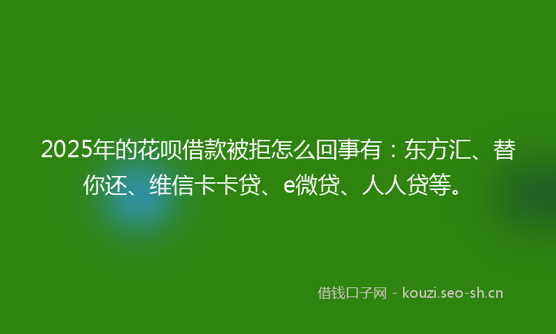 2025年的花呗借款被拒怎么回事有：东方汇、替你还、维信卡卡贷、e微贷、人人贷等。
