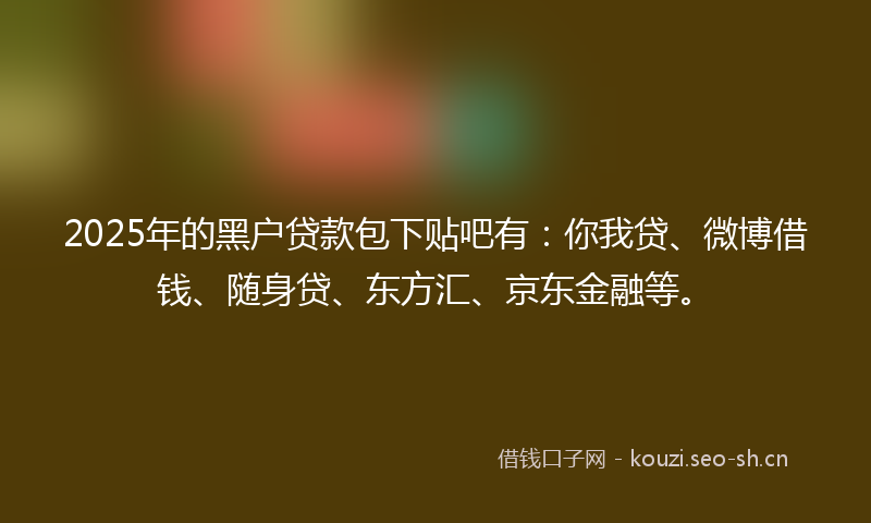 2025年的黑户贷款包下贴吧有：你我贷、微博借钱、随身贷、东方汇、京东金融等。