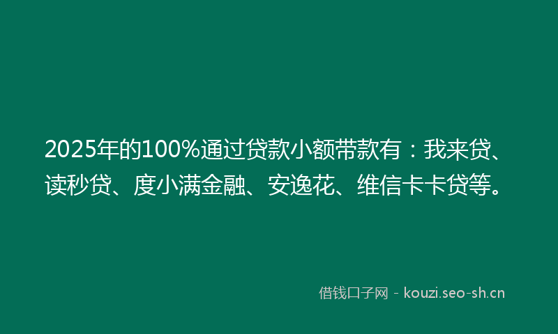 2025年的100%通过贷款小额带款有：我来贷、读秒贷、度小满金融、安逸花、维信卡卡贷等。