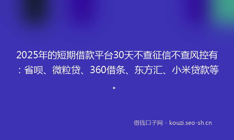 2025年的短期借款平台30天不查征信不查风控有：省呗、微粒贷、360借条、东方汇、小米贷款等。