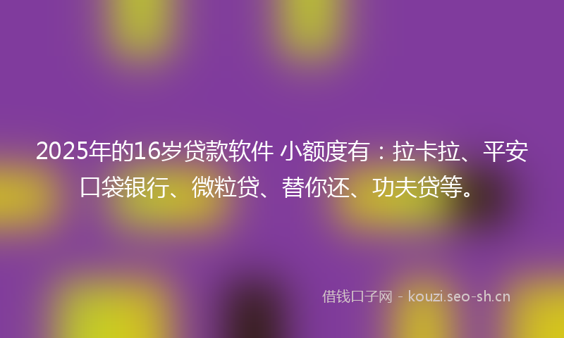 2025年的16岁贷款软件 小额度有：拉卡拉、平安口袋银行、微粒贷、替你还、功夫贷等。