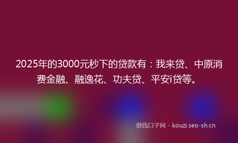 2025年的3000元秒下的贷款有：我来贷、中原消费金融、融逸花、功夫贷、平安i贷等。