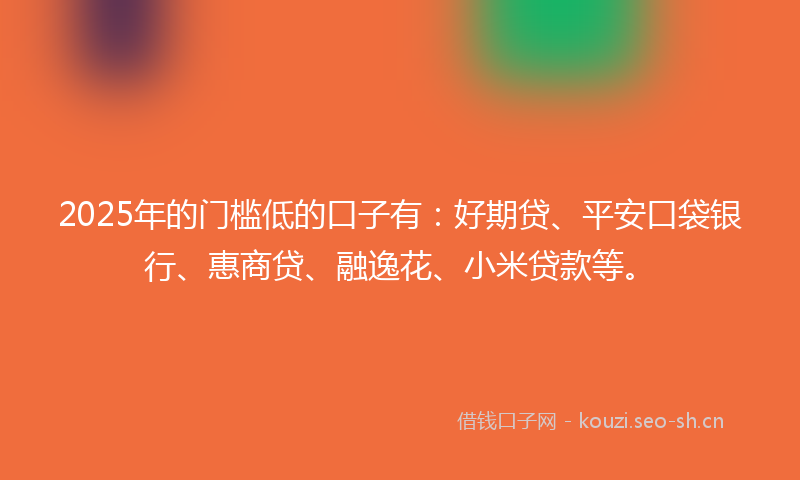 2025年的门槛低的口子有：好期贷、平安口袋银行、惠商贷、融逸花、小米贷款等。