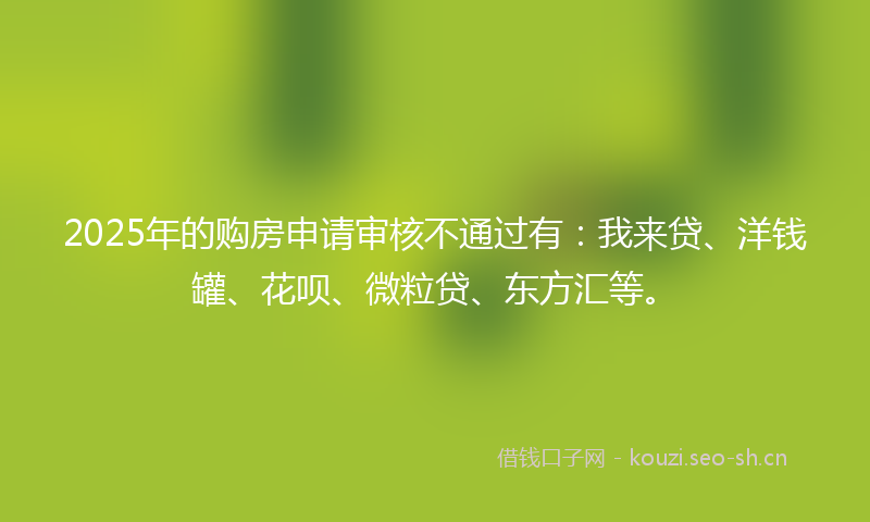2025年的购房申请审核不通过有：我来贷、洋钱罐、花呗、微粒贷、东方汇等。