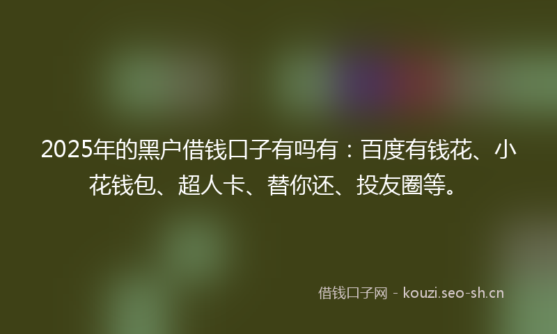 2025年的黑户借钱口子有吗有：百度有钱花、小花钱包、超人卡、替你还、投友圈等。