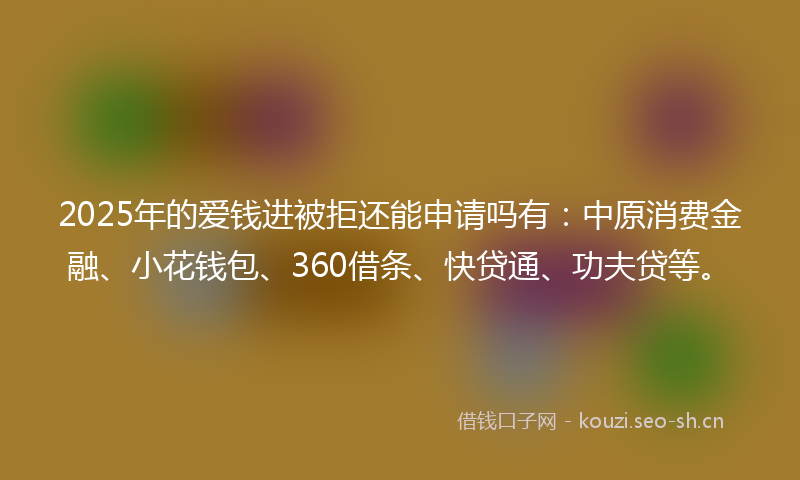 2025年的爱钱进被拒还能申请吗有：中原消费金融、小花钱包、360借条、快贷通、功夫贷等。