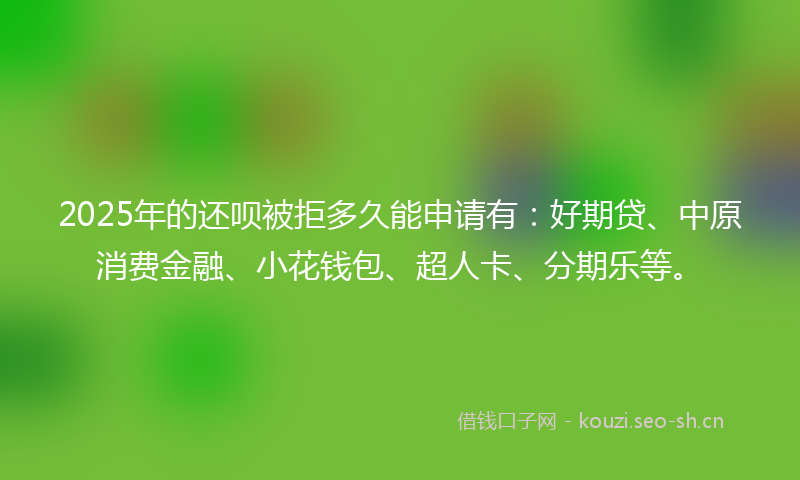 2025年的还呗被拒多久能申请有：好期贷、中原消费金融、小花钱包、超人卡、分期乐等。