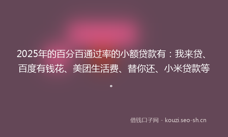 2025年的百分百通过率的小额贷款有：我来贷、百度有钱花、美团生活费、替你还、小米贷款等。