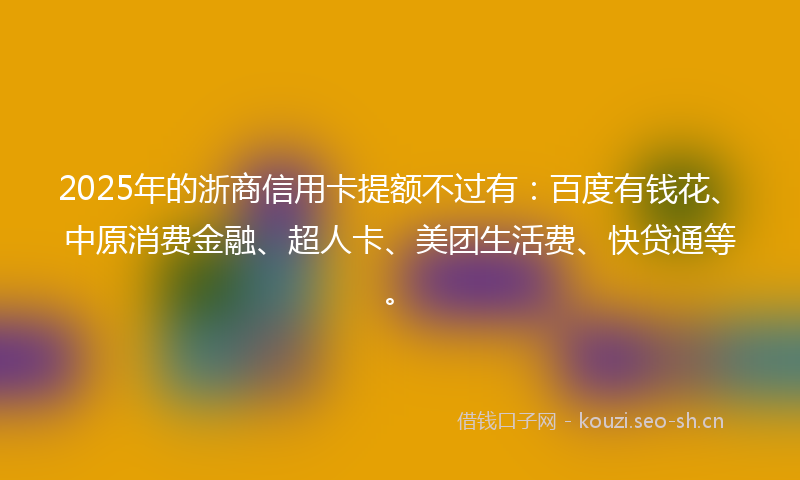 2025年的浙商信用卡提额不过有：百度有钱花、中原消费金融、超人卡、美团生活费、快贷通等。