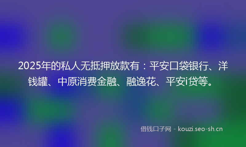 2025年的私人无抵押放款有：平安口袋银行、洋钱罐、中原消费金融、融逸花、平安i贷等。