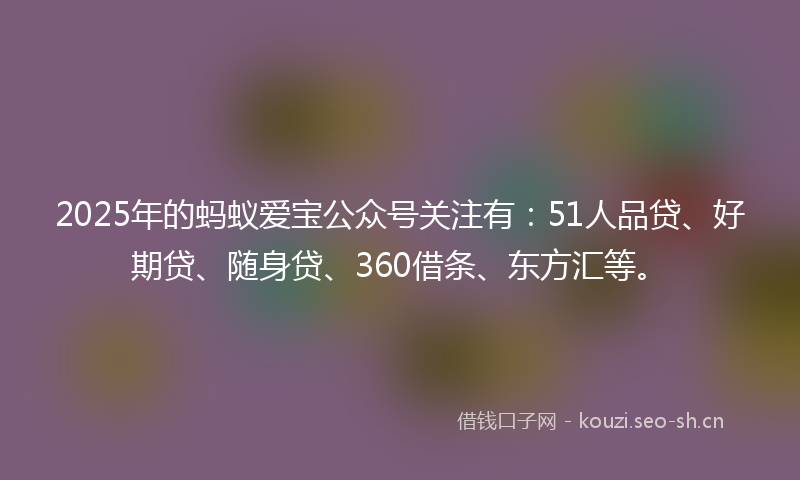 2025年的蚂蚁爱宝公众号关注有：51人品贷、好期贷、随身贷、360借条、东方汇等。