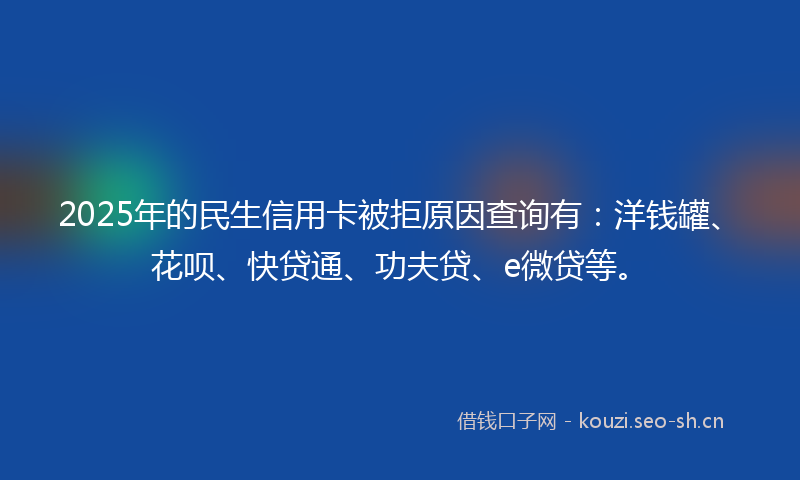 2025年的民生信用卡被拒原因查询有：洋钱罐、花呗、快贷通、功夫贷、e微贷等。