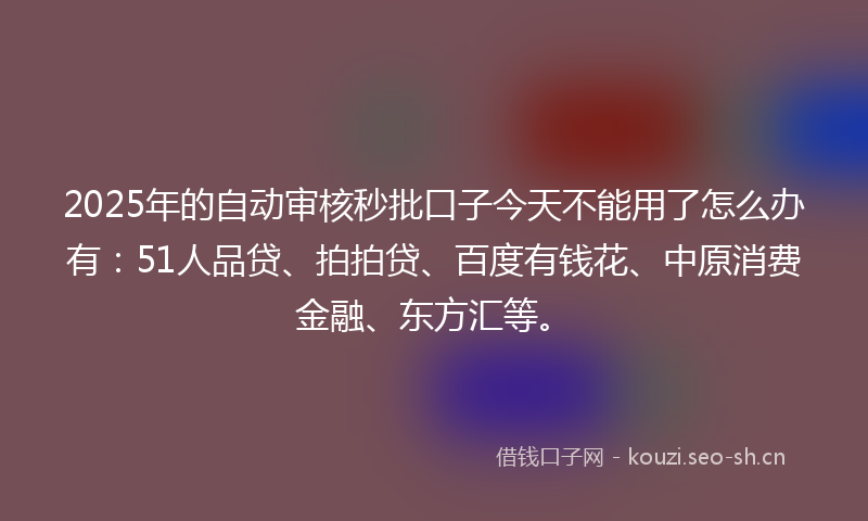 2025年的自动审核秒批口子今天不能用了怎么办有：51人品贷、拍拍贷、百度有钱花、中原消费金融、东方汇等。
