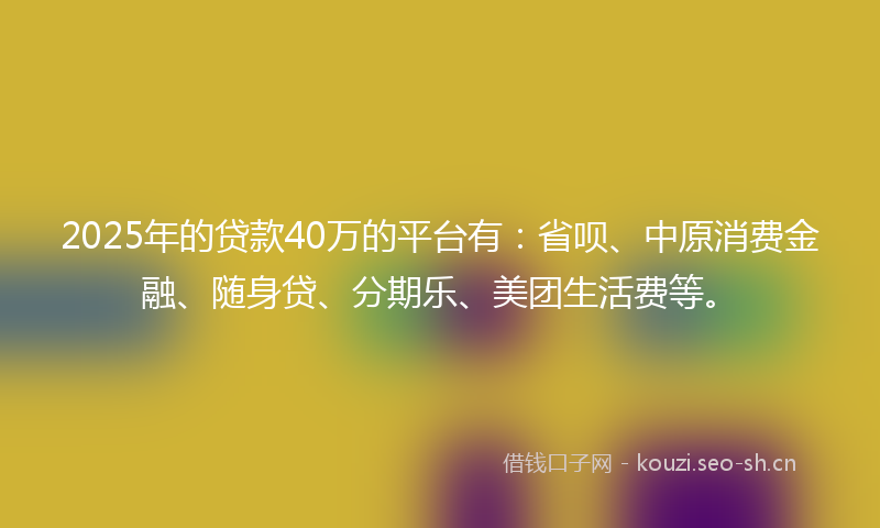 2025年的贷款40万的平台有：省呗、中原消费金融、随身贷、分期乐、美团生活费等。