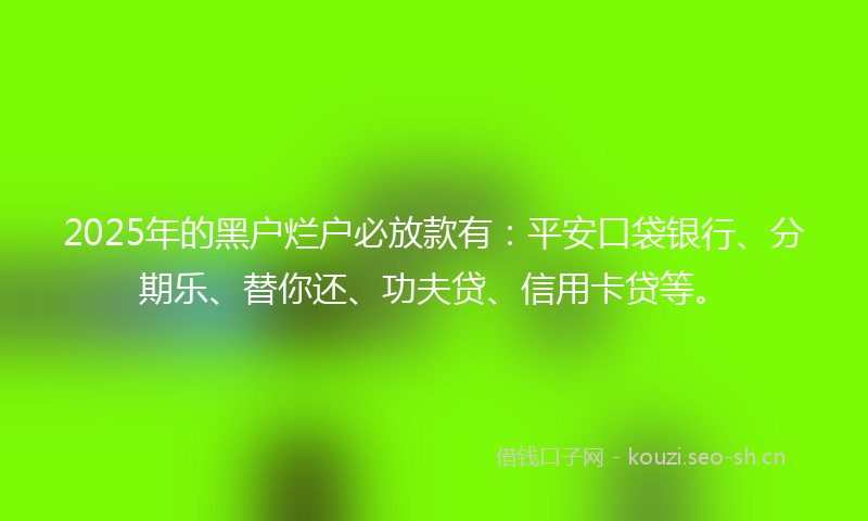 2025年的黑户烂户必放款有：平安口袋银行、分期乐、替你还、功夫贷、信用卡贷等。
