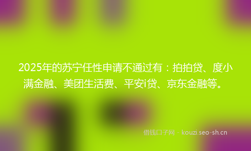 2025年的苏宁任性申请不通过有：拍拍贷、度小满金融、美团生活费、平安i贷、京东金融等。