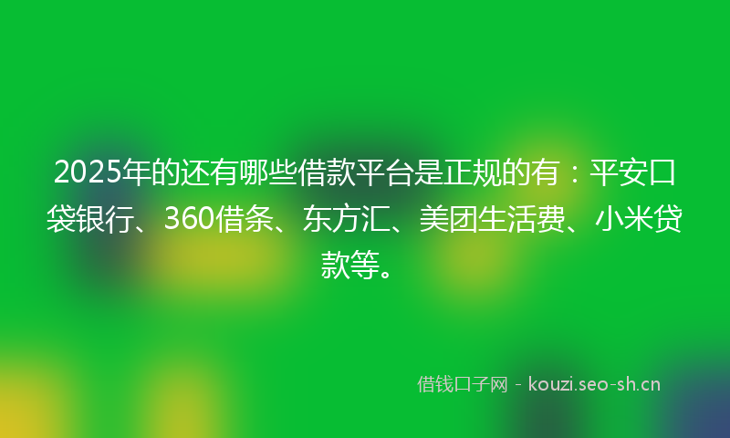 2025年的还有哪些借款平台是正规的有：平安口袋银行、360借条、东方汇、美团生活费、小米贷款等。