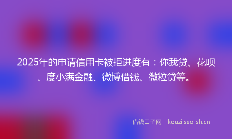 2025年的申请信用卡被拒进度有：你我贷、花呗、度小满金融、微博借钱、微粒贷等。