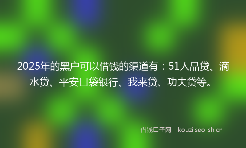 2025年的黑户可以借钱的渠道有：51人品贷、滴水贷、平安口袋银行、我来贷、功夫贷等。