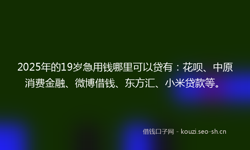 2025年的19岁急用钱哪里可以贷有：花呗、中原消费金融、微博借钱、东方汇、小米贷款等。
