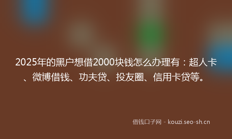 2025年的黑户想借2000块钱怎么办理有：超人卡、微博借钱、功夫贷、投友圈、信用卡贷等。