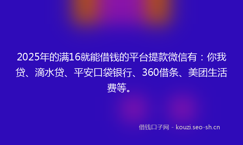 2025年的满16就能借钱的平台提款微信有：你我贷、滴水贷、平安口袋银行、360借条、美团生活费等。