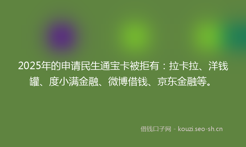 2025年的申请民生通宝卡被拒有：拉卡拉、洋钱罐、度小满金融、微博借钱、京东金融等。