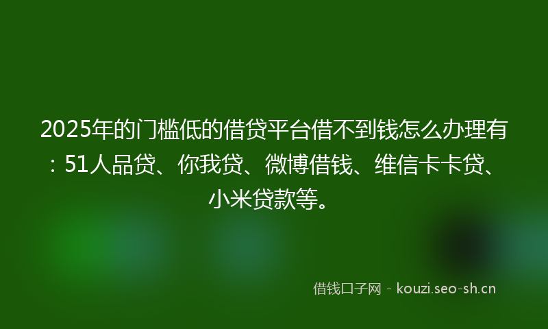 2025年的门槛低的借贷平台借不到钱怎么办理有：51人品贷、你我贷、微博借钱、维信卡卡贷、小米贷款等。