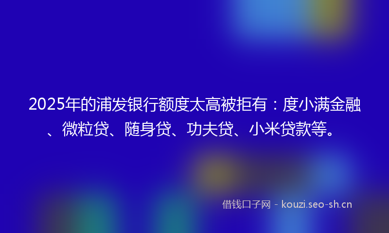 2025年的浦发银行额度太高被拒有：度小满金融、微粒贷、随身贷、功夫贷、小米贷款等。