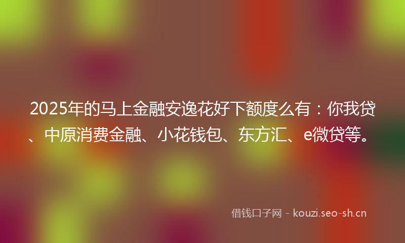 2025年的马上金融安逸花好下额度么有：你我贷、中原消费金融、小花钱包、东方汇、e微贷等。