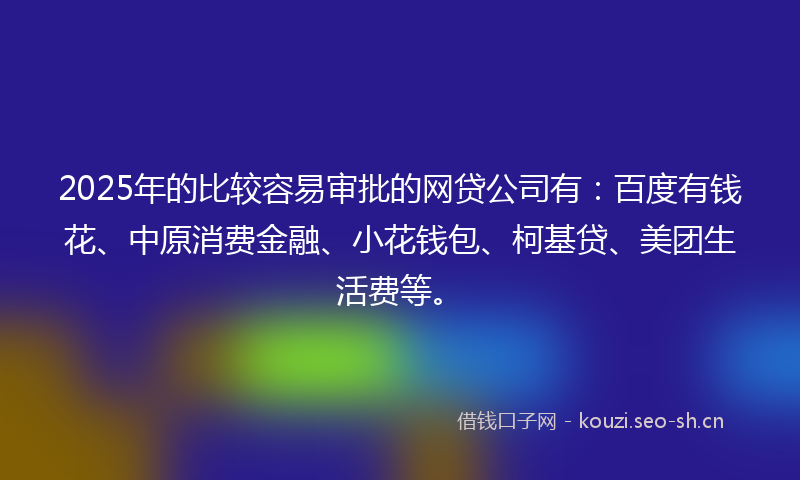 2025年的比较容易审批的网贷公司有：百度有钱花、中原消费金融、小花钱包、柯基贷、美团生活费等。