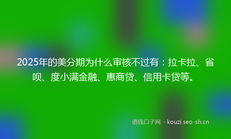 2025年的美分期为什么审核不过有：拉卡拉、省呗、度小满金融、惠商贷、信用卡贷等。