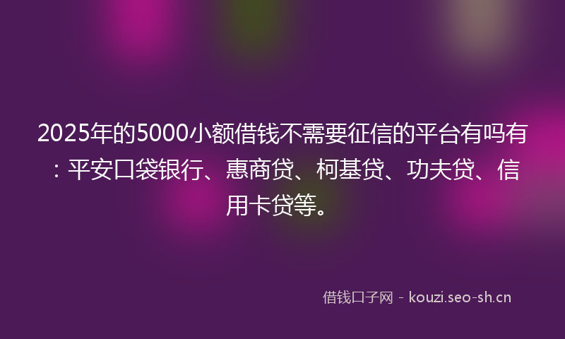 2025年的5000小额借钱不需要征信的平台有吗有：平安口袋银行、惠商贷、柯基贷、功夫贷、信用卡贷等。