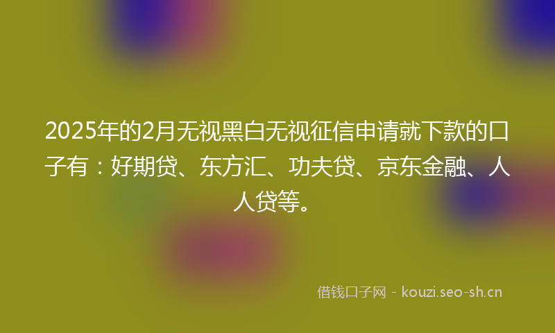 2025年的2月无视黑白无视征信申请就下款的口子有：好期贷、东方汇、功夫贷、京东金融、人人贷等。