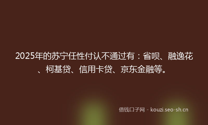 2025年的苏宁任性付认不通过有：省呗、融逸花、柯基贷、信用卡贷、京东金融等。