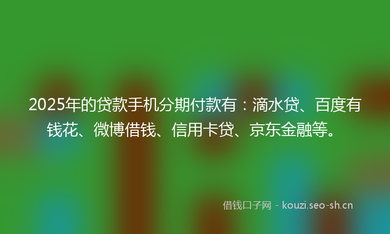 2025年的贷款手机分期付款有：滴水贷、百度有钱花、微博借钱、信用卡贷、京东金融等。