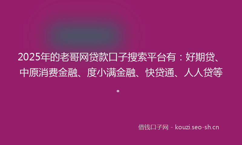 2025年的老哥网贷款口子搜索平台有：好期贷、中原消费金融、度小满金融、快贷通、人人贷等。